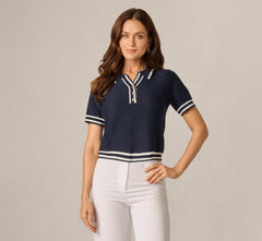 Short Sleeve Open Pointelle Knit Tipped Polo Top In Navy Ivory