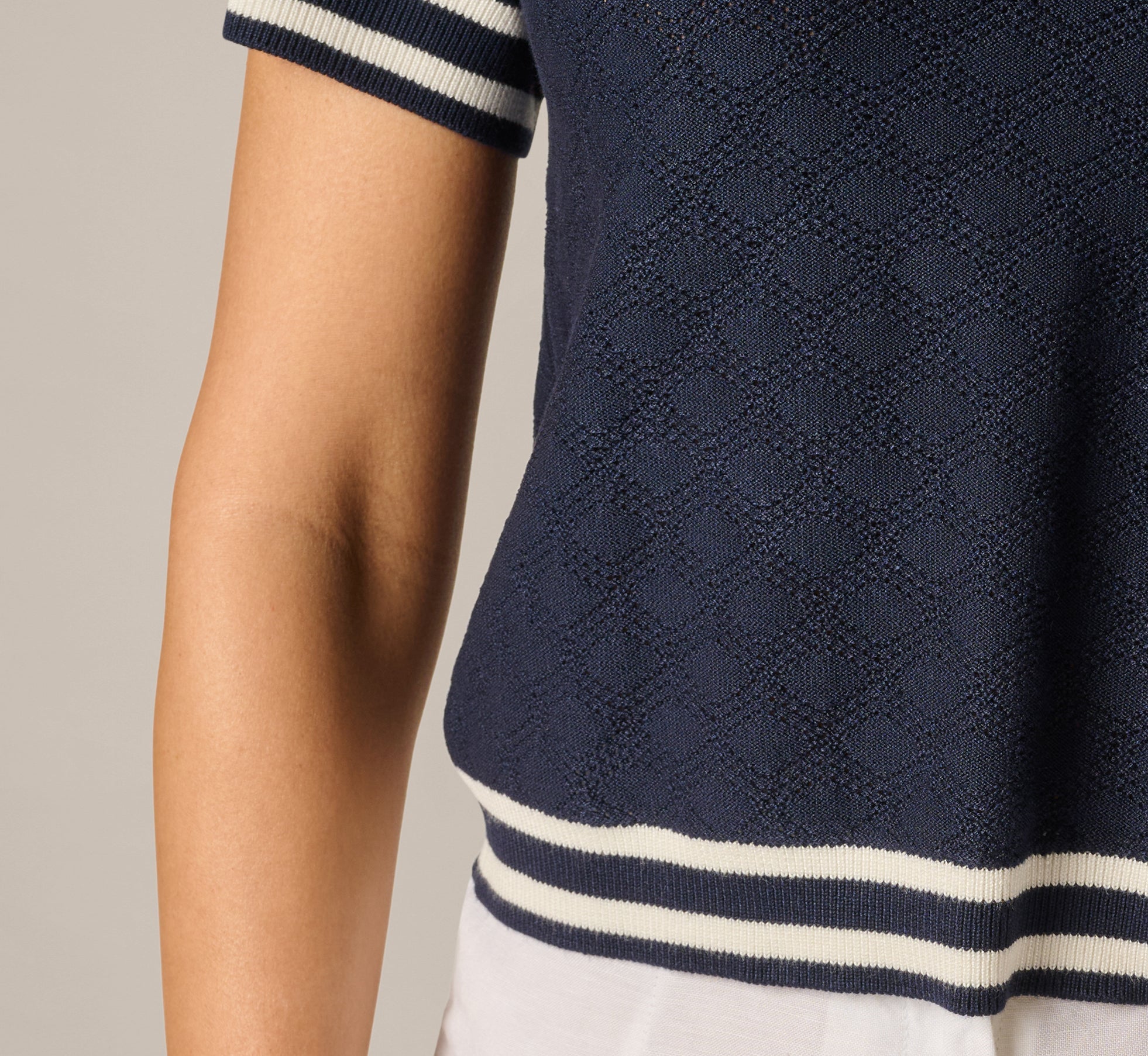 Short Sleeve Open Pointelle Knit Tipped Polo Top In Navy Ivory