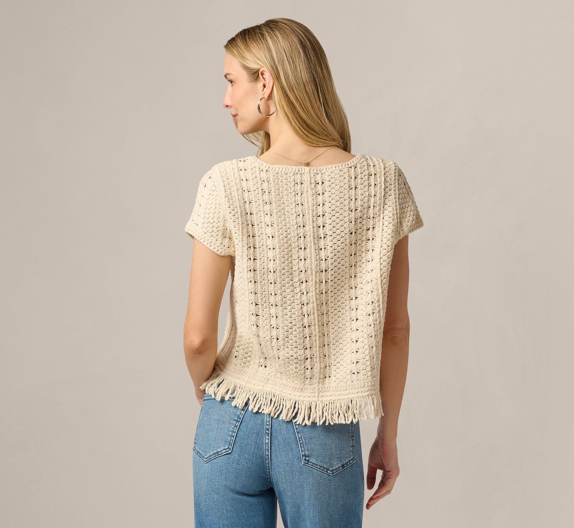Short Sleeve Cable Crochet Open Knit Fringe Top In Cream