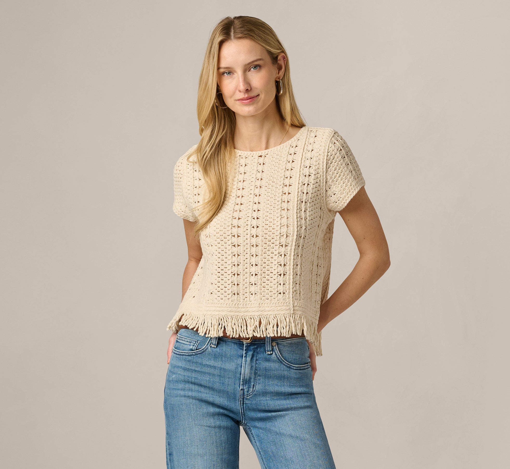 Short Sleeve Cable Crochet Open Knit Fringe Top In Cream