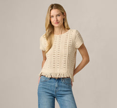 Short Sleeve Cable Crochet Open Knit Fringe Top In Cream