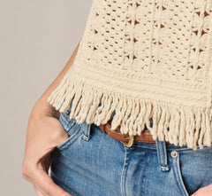 Short Sleeve Cable Crochet Open Knit Fringe Top In Cream
