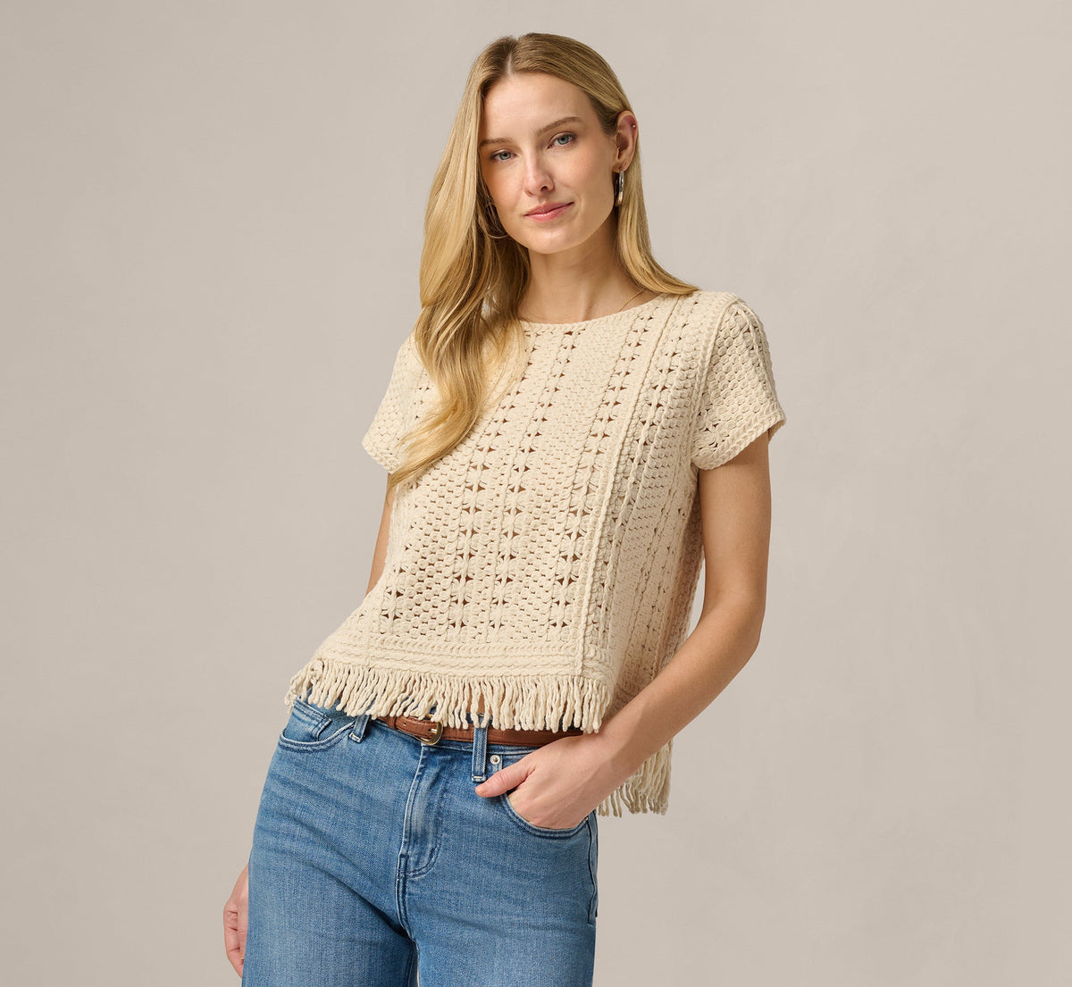 Short Sleeve Cable Crochet Open Knit Fringe Top In Cream