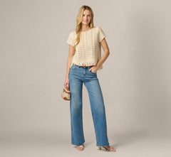 Short Sleeve Cable Crochet Open Knit Fringe Top In Cream