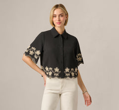 Short Sleeve Scalloped Floral Embroidery Blouse In Black Ivory