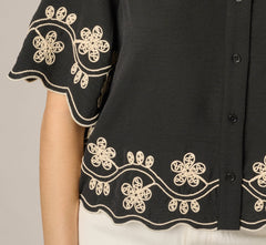 Short Sleeve Scalloped Floral Embroidery Blouse In Black Ivory