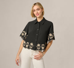 Short Sleeve Scalloped Floral Embroidery Blouse In Black Ivory