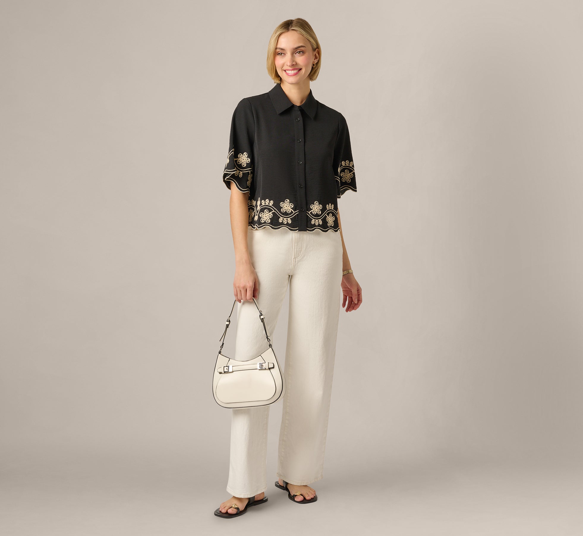 Short Sleeve Scalloped Floral Embroidery Blouse In Black Ivory