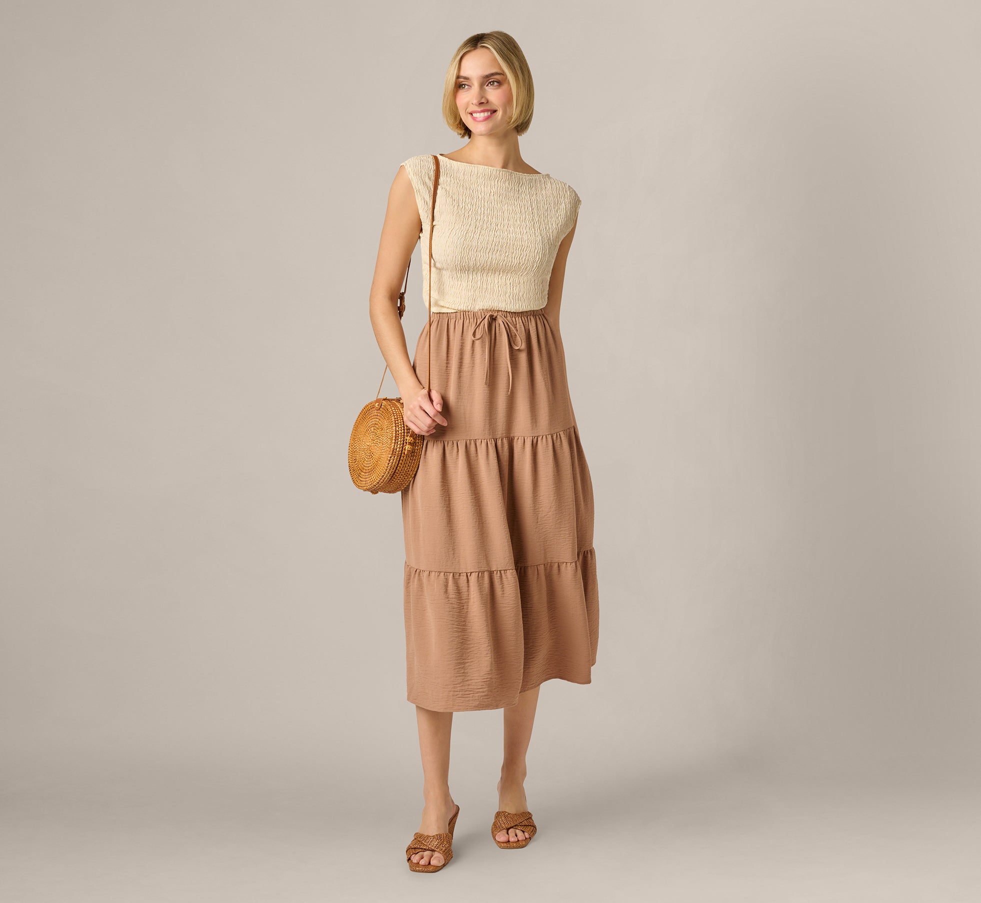 Tiered Drawstring Airflow Midi Skirt In Sinopia Fresco