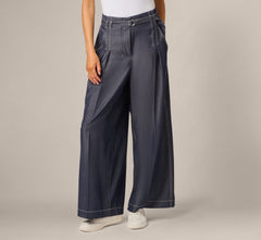 Wide Leg Topstitch Belted Pleat Pant In Washed Denim Cream