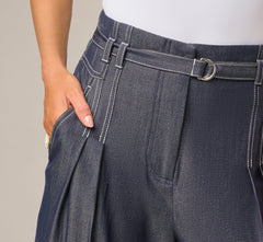 Wide Leg Topstitch Belted Pleat Pant In Washed Denim Cream