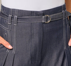 Wide Leg Topstitch Belted Pleat Pant In Washed Denim Cream
