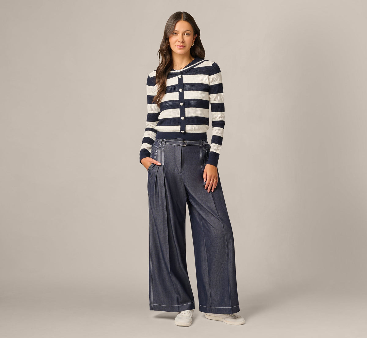 Wide Leg Topstitch Belted Pleat Pant In Washed Denim Cream