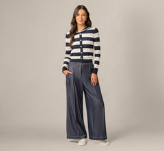 Wide Leg Topstitch Belted Pleat Pant In Washed Denim Cream