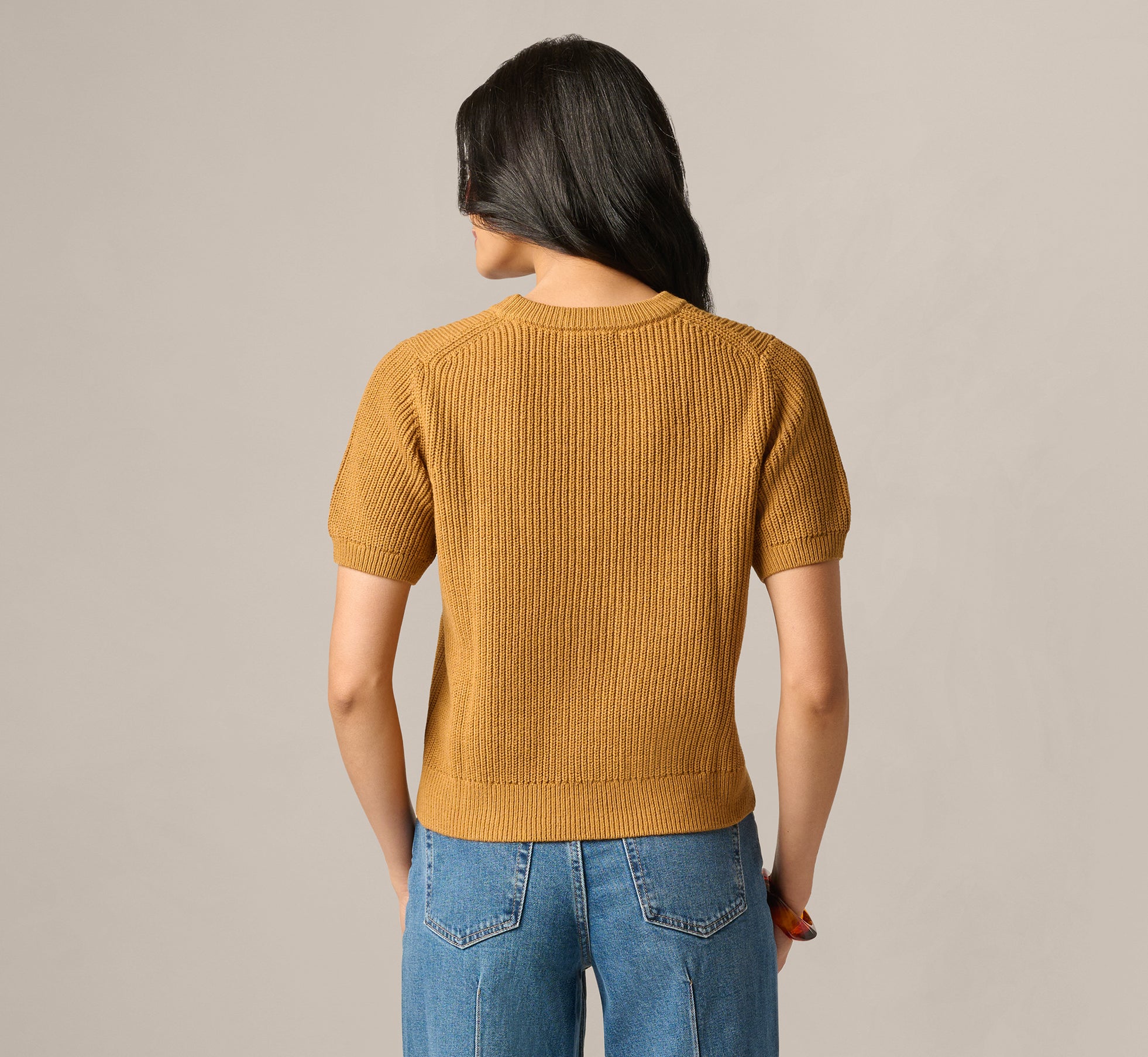 Short Sleeve Shaker Knit Pullover Sweater In Butternut