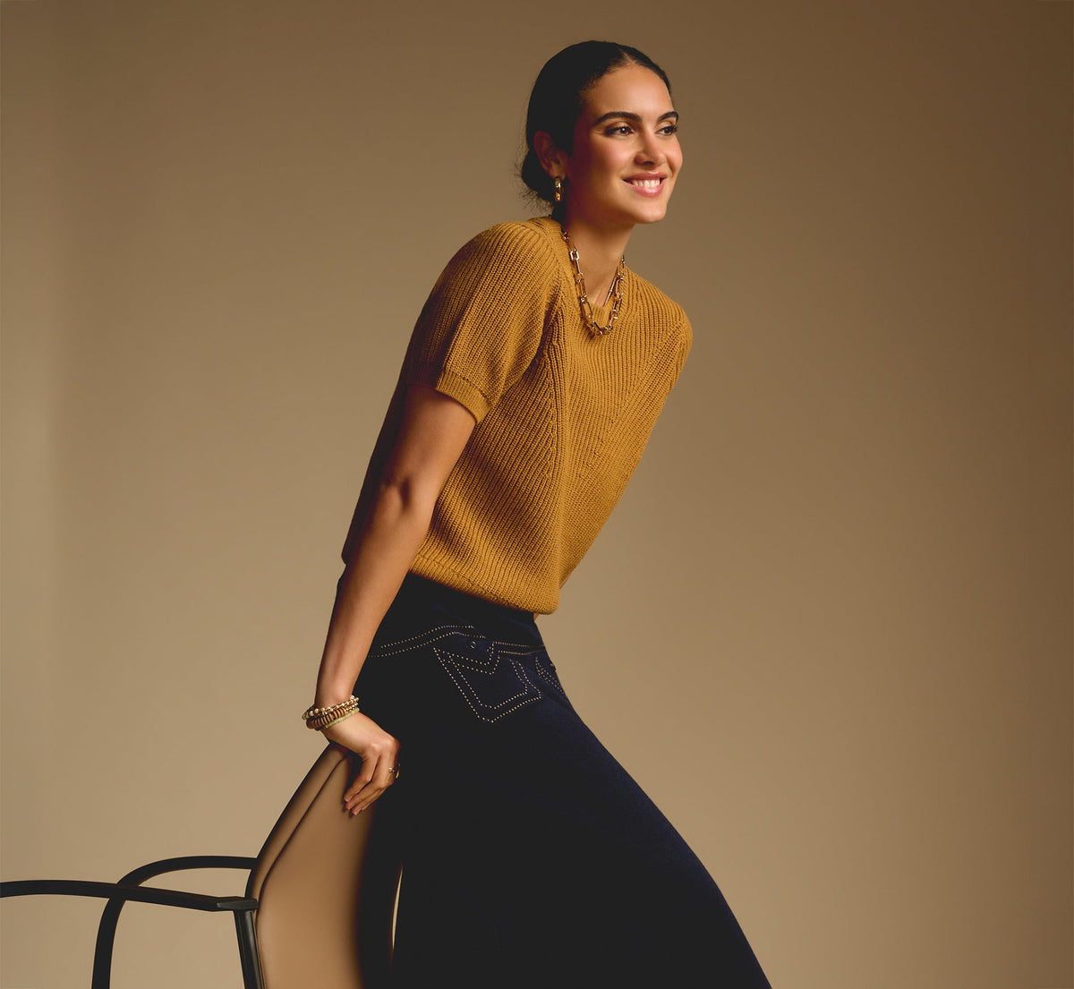 Short Sleeve Shaker Knit Pullover Sweater In Butternut