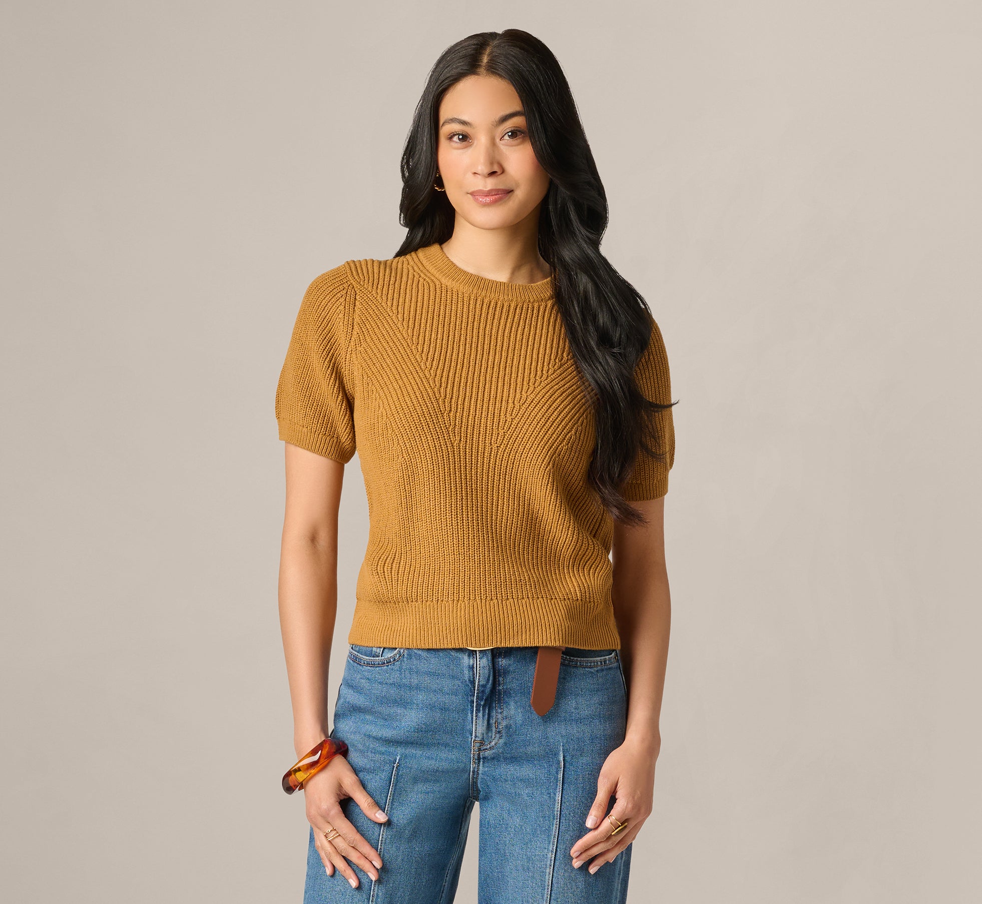 Short Sleeve Shaker Knit Pullover Sweater In Butternut