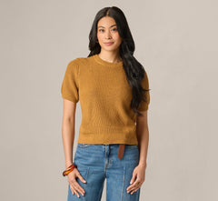 Short Sleeve Shaker Knit Pullover Sweater In Butternut