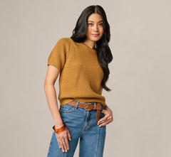 Short Sleeve Shaker Knit Pullover Sweater In Butternut
