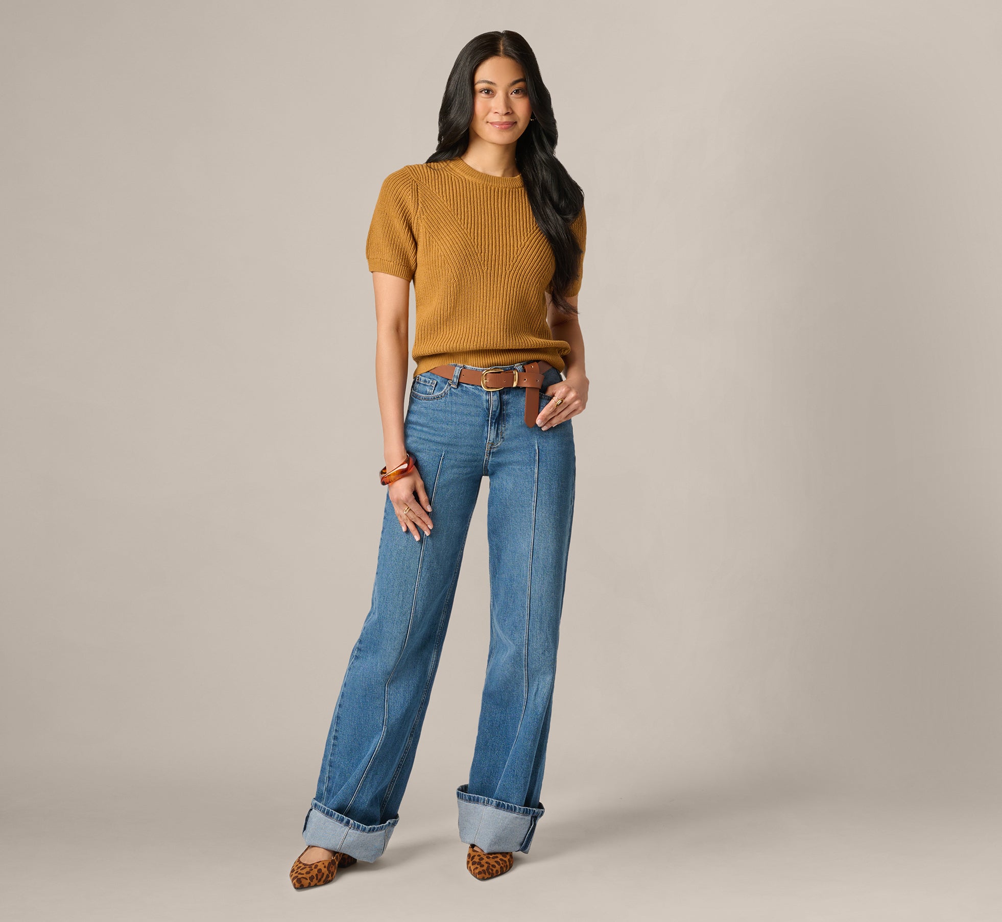 Short Sleeve Shaker Knit Pullover Sweater In Butternut