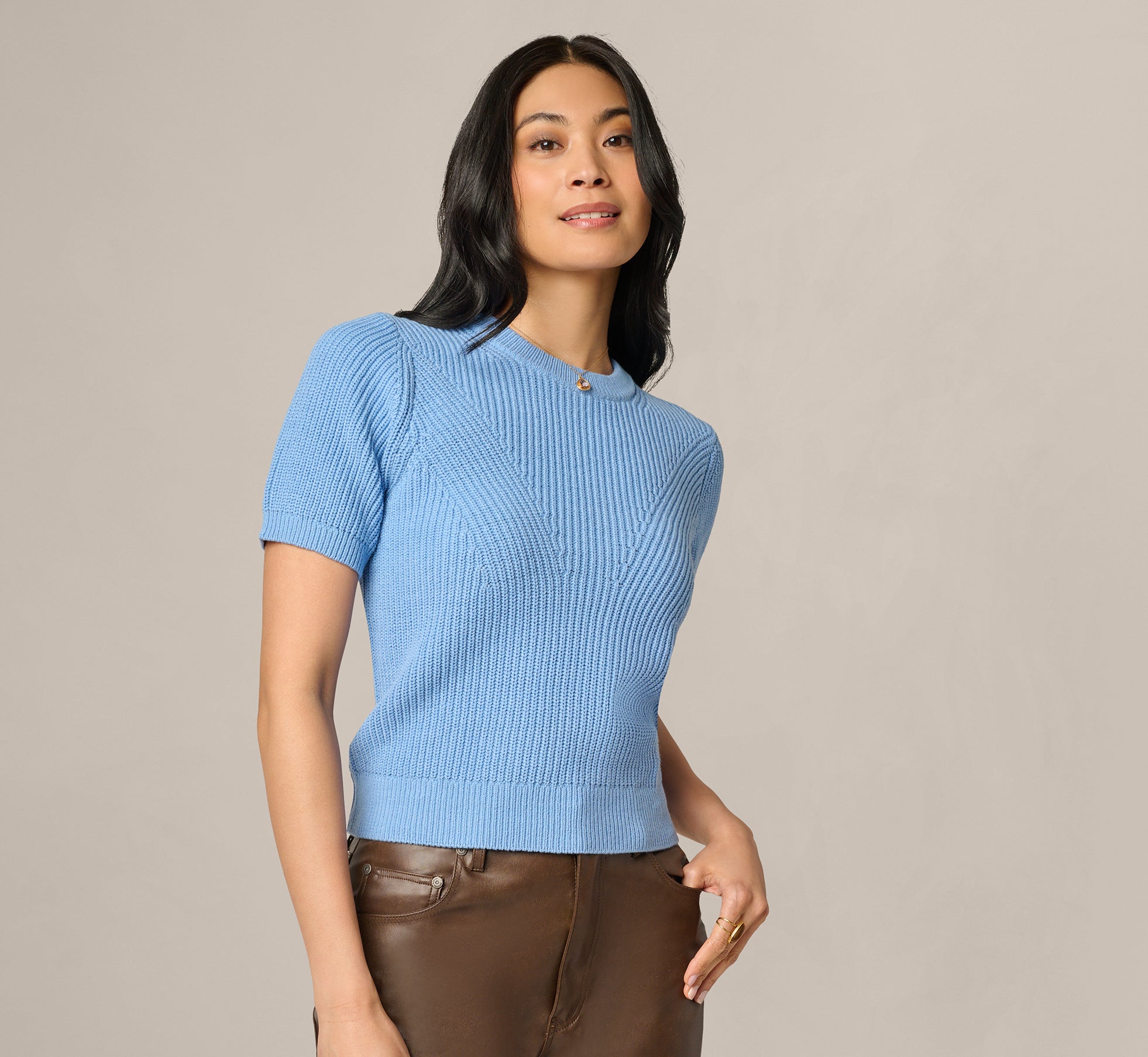 Short Sleeve Shaker Knit Pullover Sweater In Classic Blue
