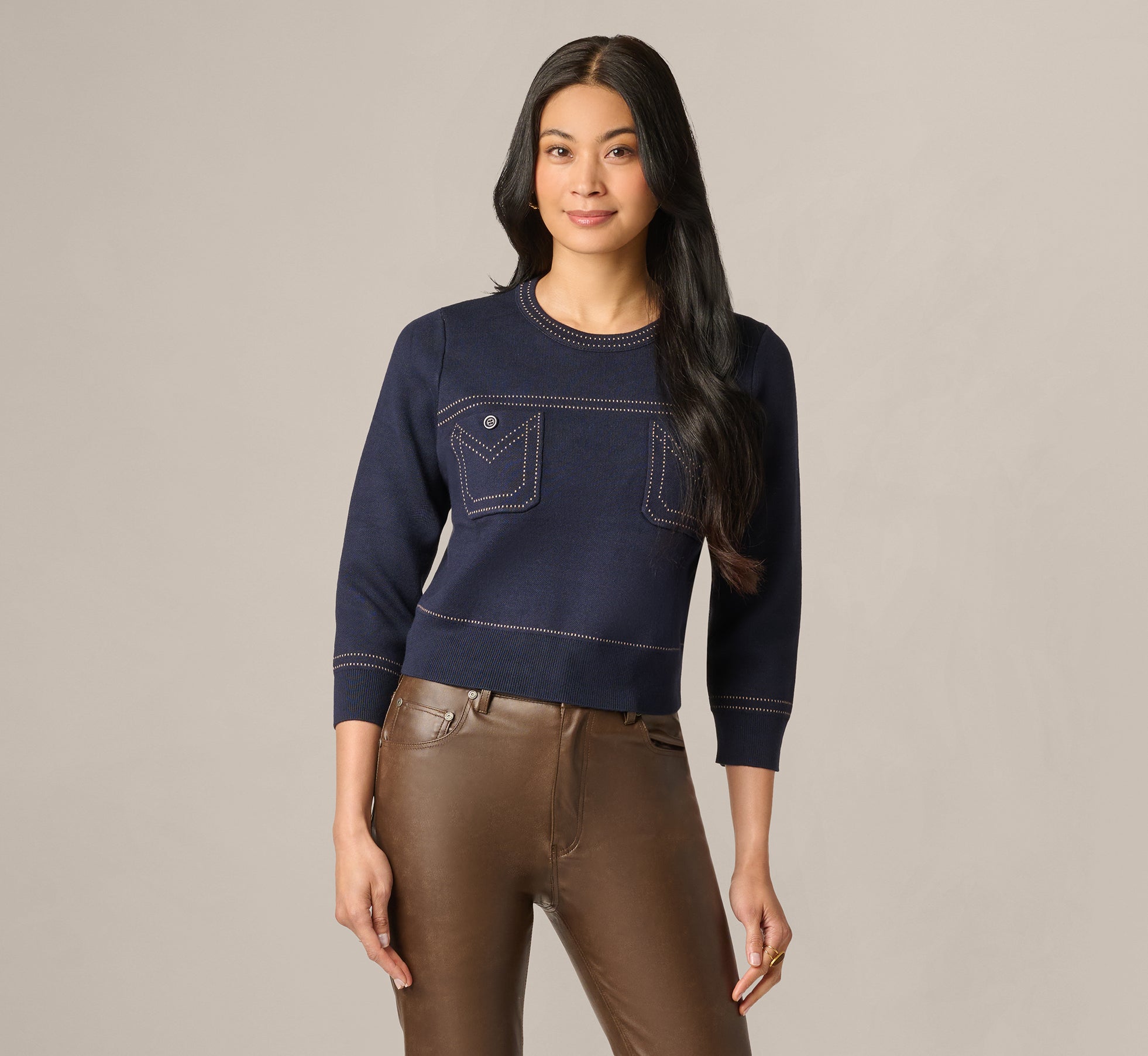 Three Quarter Sleeve Contrast Stitch Sweater In Navy Khaki