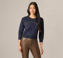 Three Quarter Sleeve Contrast Stitch Sweater In Navy Khaki