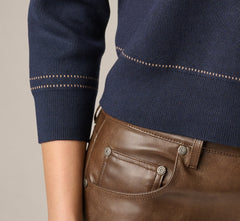Three Quarter Sleeve Contrast Stitch Sweater In Navy Khaki