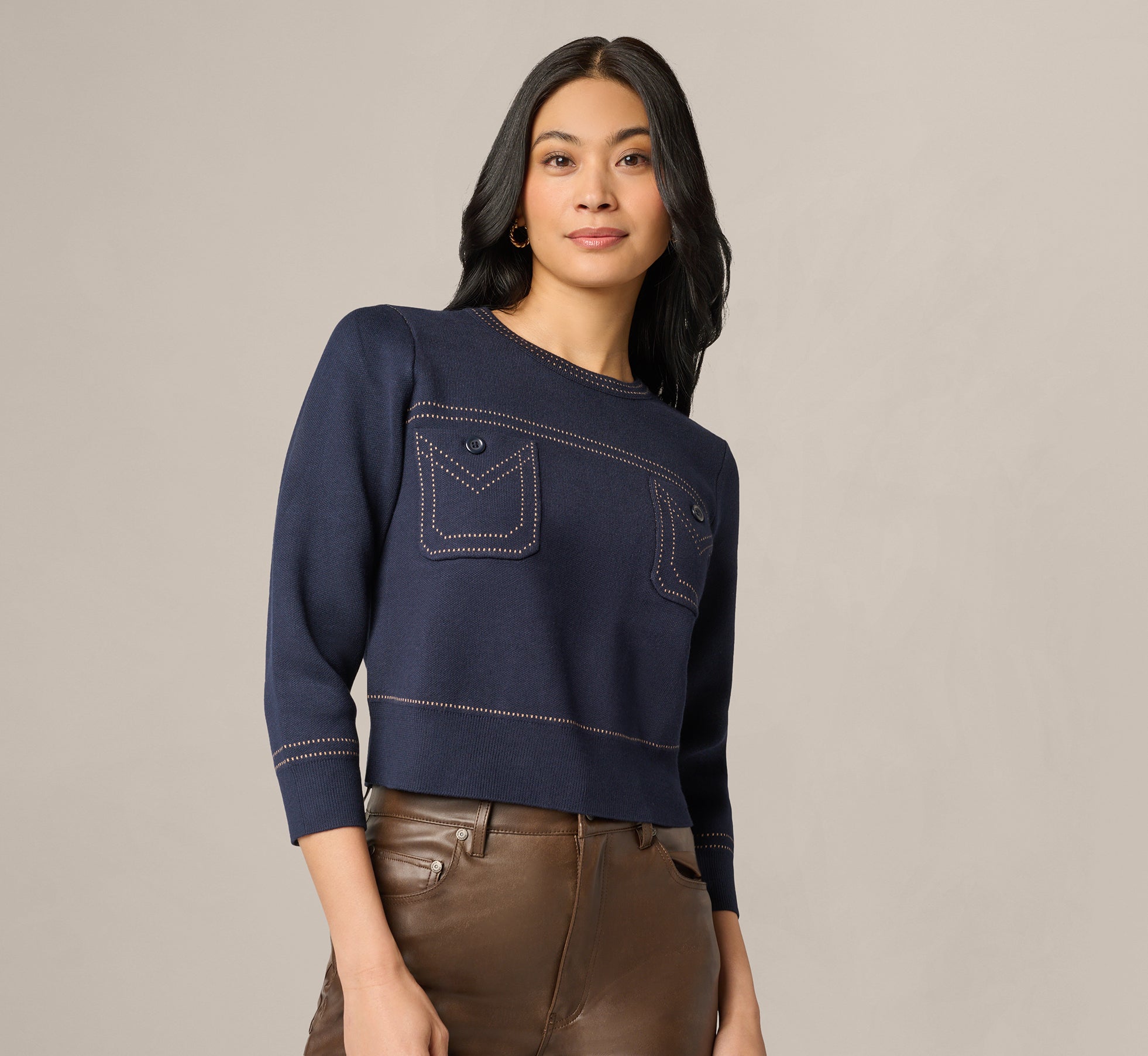 Three Quarter Sleeve Contrast Stitch Sweater In Navy Khaki