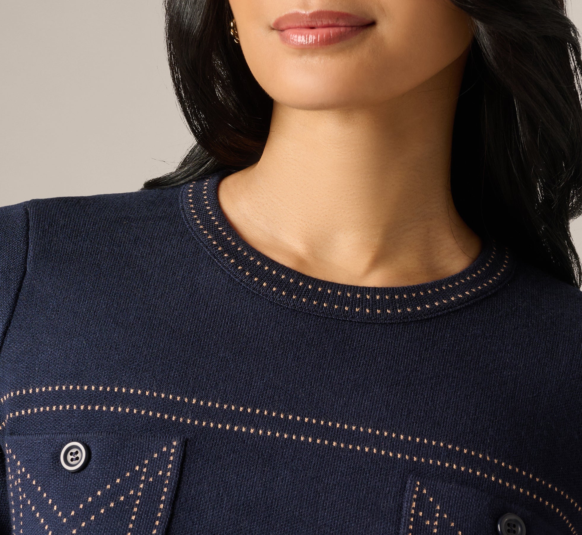 Three Quarter Sleeve Contrast Stitch Sweater In Navy Khaki