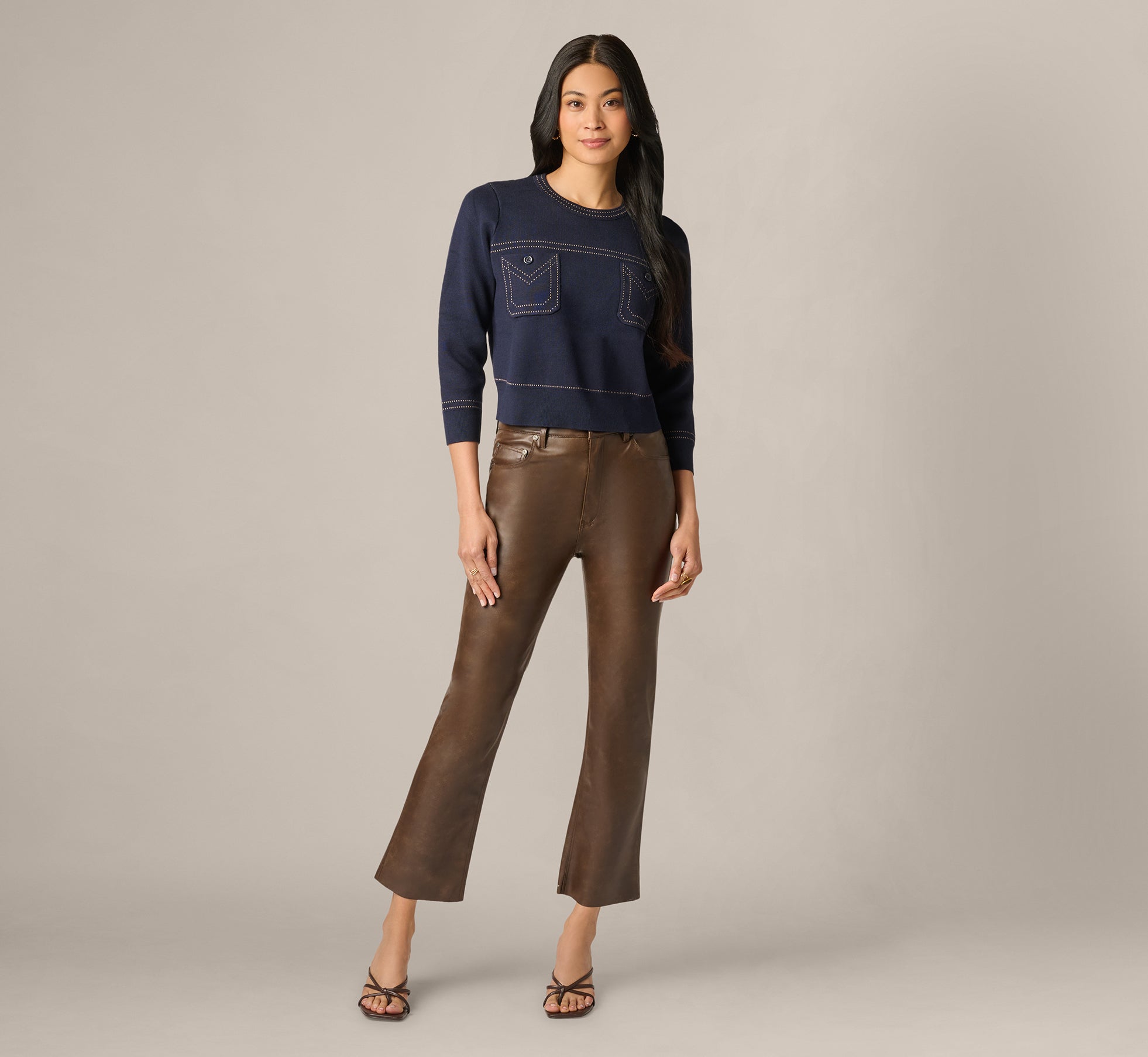 Three Quarter Sleeve Contrast Stitch Sweater In Navy Khaki