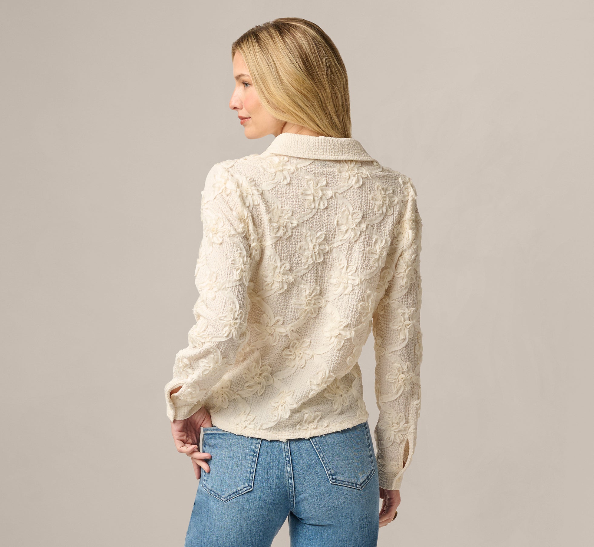 Long Sleeve Floral Embroidery Textured Blouse In Cream