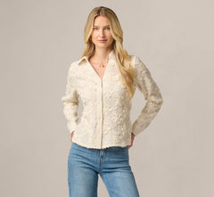 Long Sleeve Floral Embroidery Textured Blouse In Cream