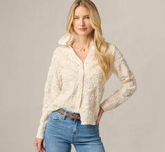 Long Sleeve Floral Embroidery Textured Blouse In Cream