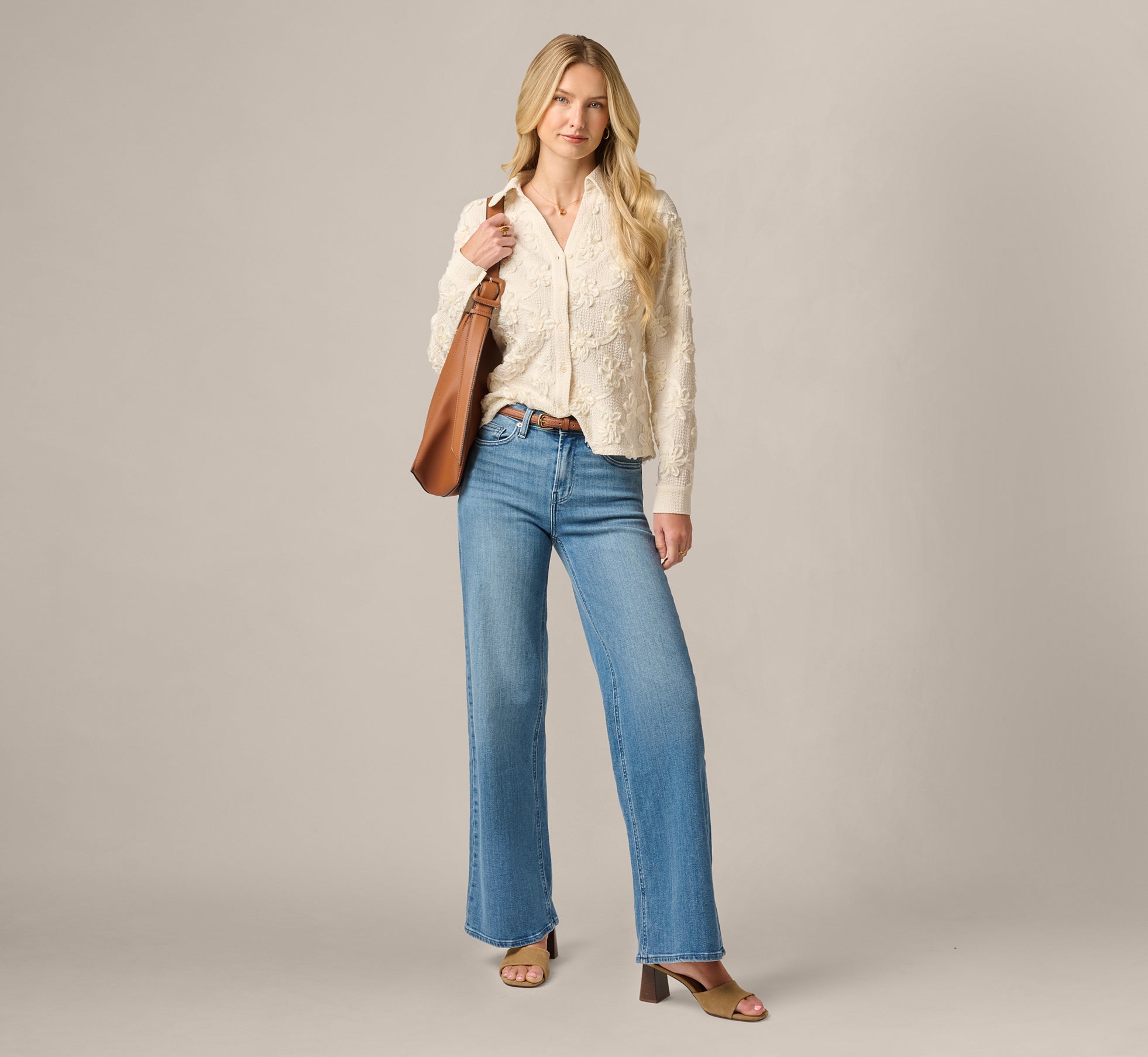 Long Sleeve Floral Embroidery Textured Blouse In Cream