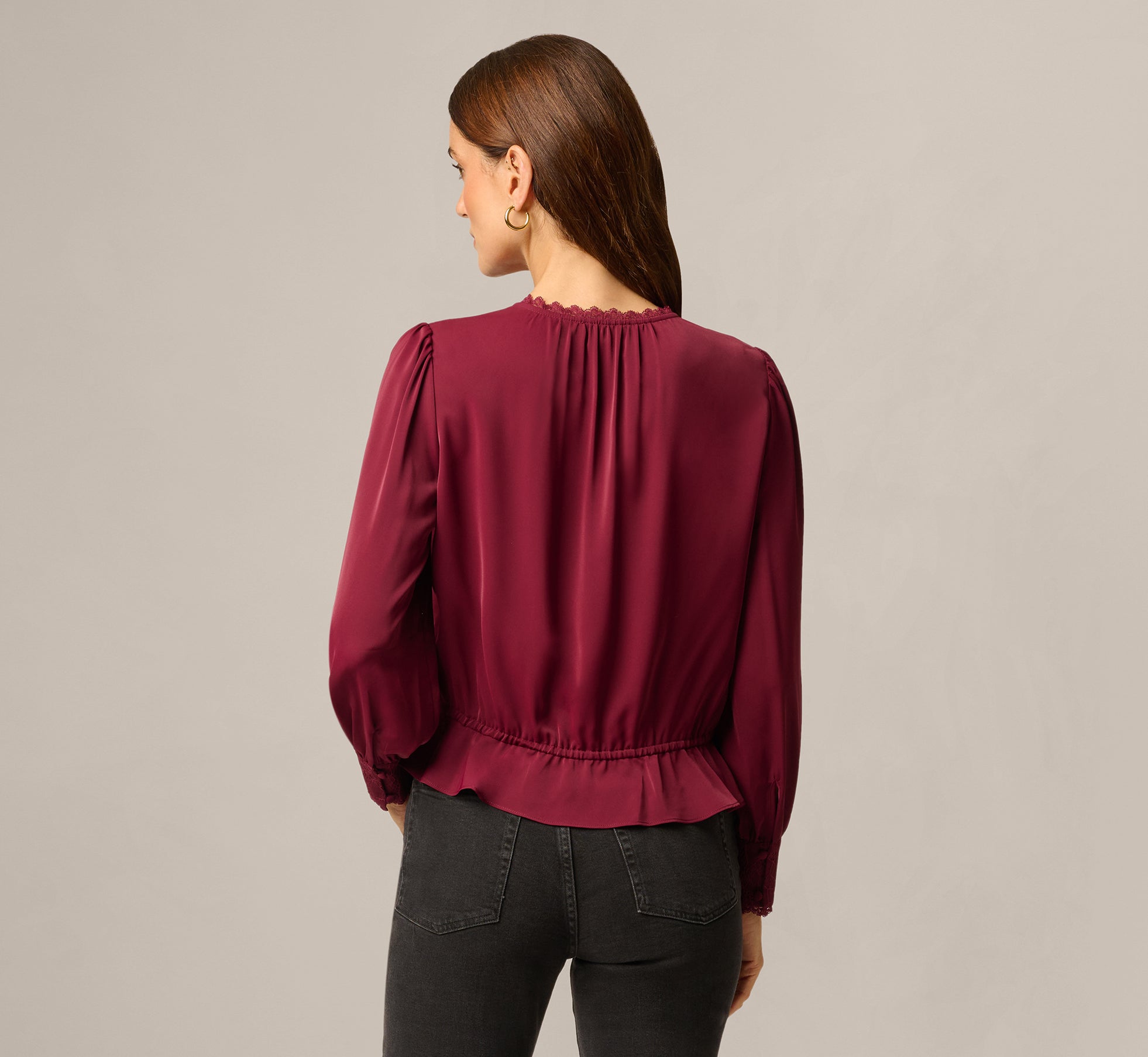 Long Sleeve Lace Trim Drawstring Hem Blouse In Fig