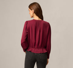 Long Sleeve Lace Trim Drawstring Hem Blouse In Fig
