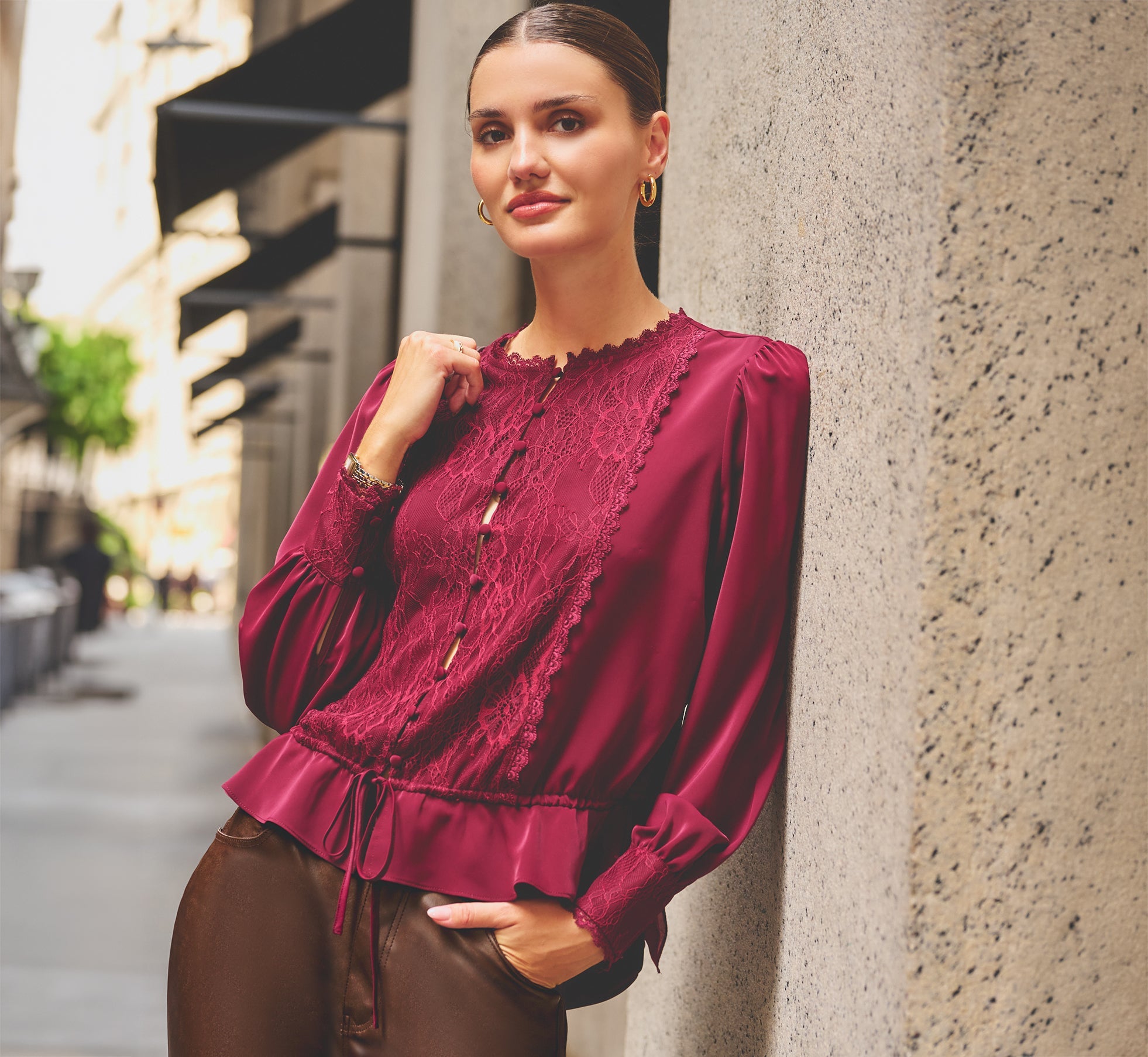 Long Sleeve Lace Trim Drawstring Hem Blouse In Fig