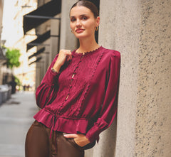 Long Sleeve Lace Trim Drawstring Hem Blouse In Fig