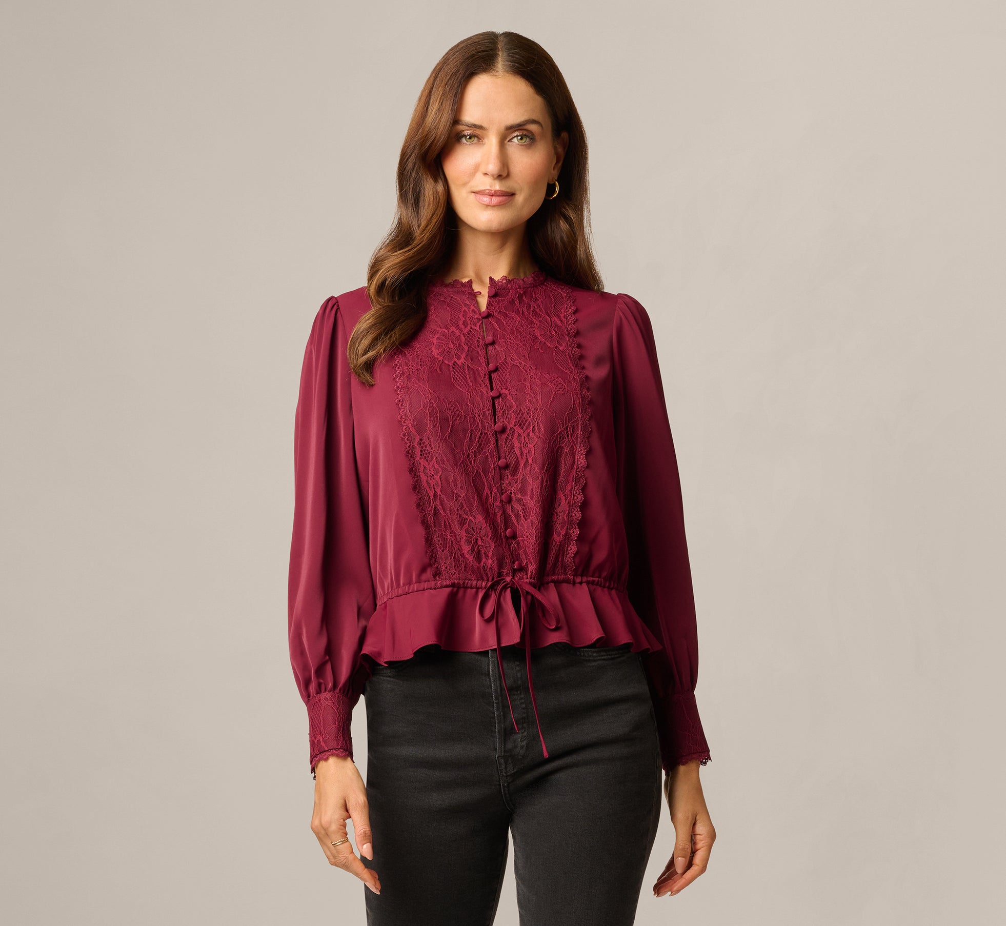 Long Sleeve Lace Trim Drawstring Hem Blouse In Fig