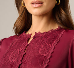 Long Sleeve Lace Trim Drawstring Hem Blouse In Fig