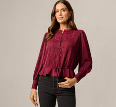 Long Sleeve Lace Trim Drawstring Hem Blouse In Fig