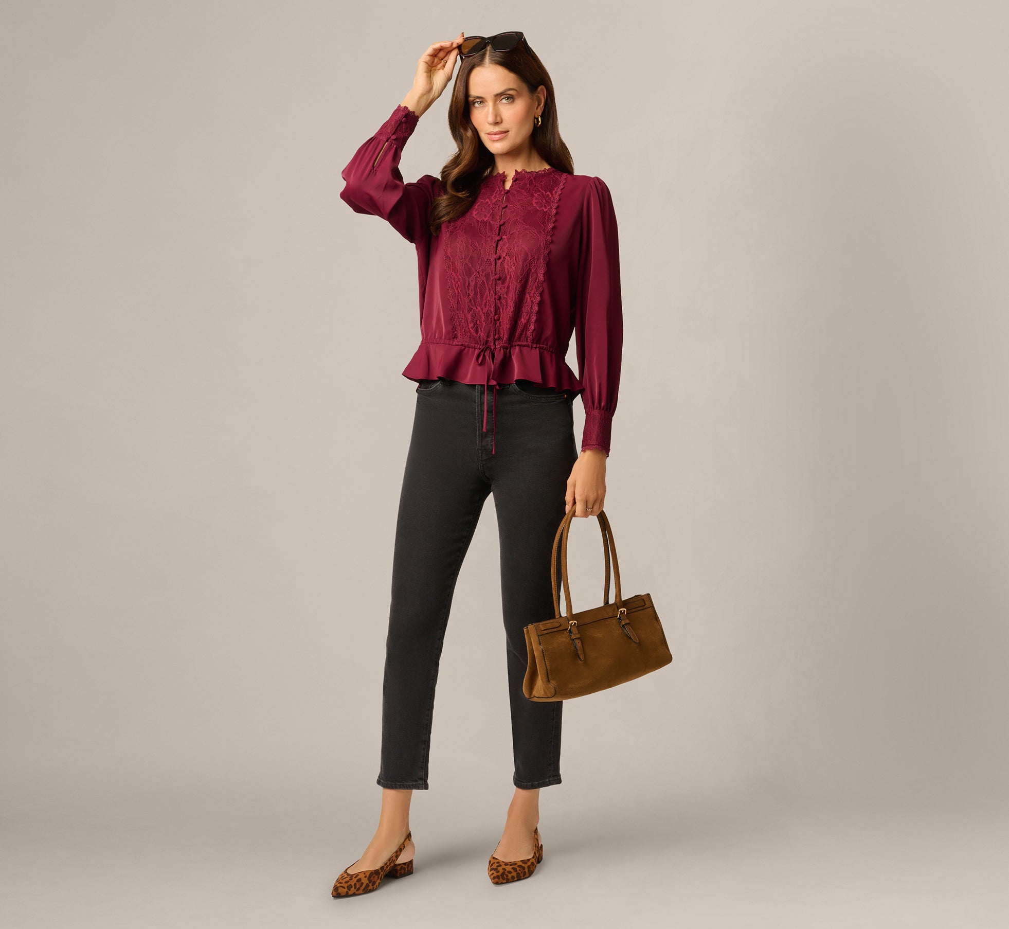 Long Sleeve Lace Trim Drawstring Hem Blouse In Fig