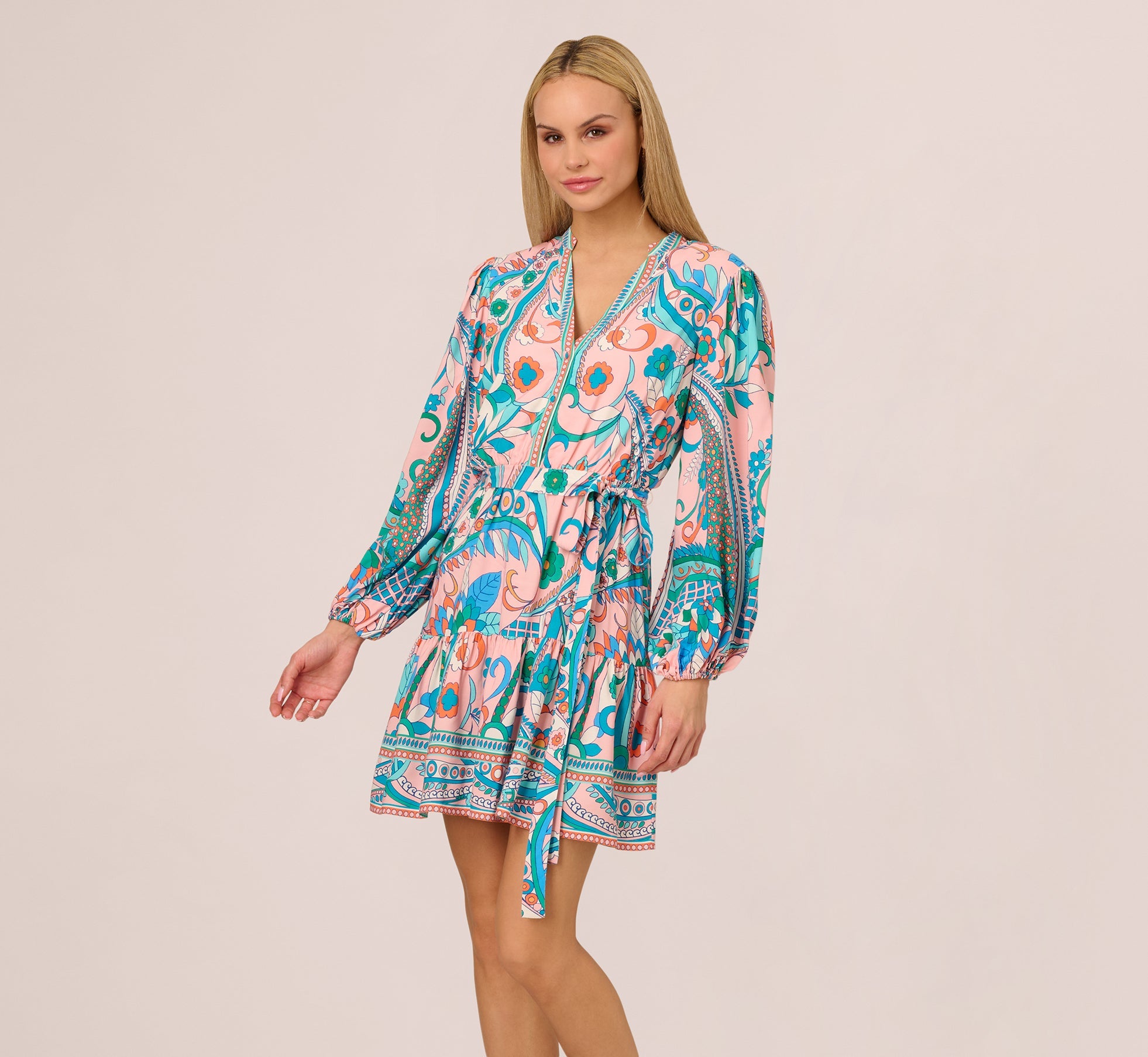 Long Sleeve Retro Printed A Line Dress In Peach Multi
