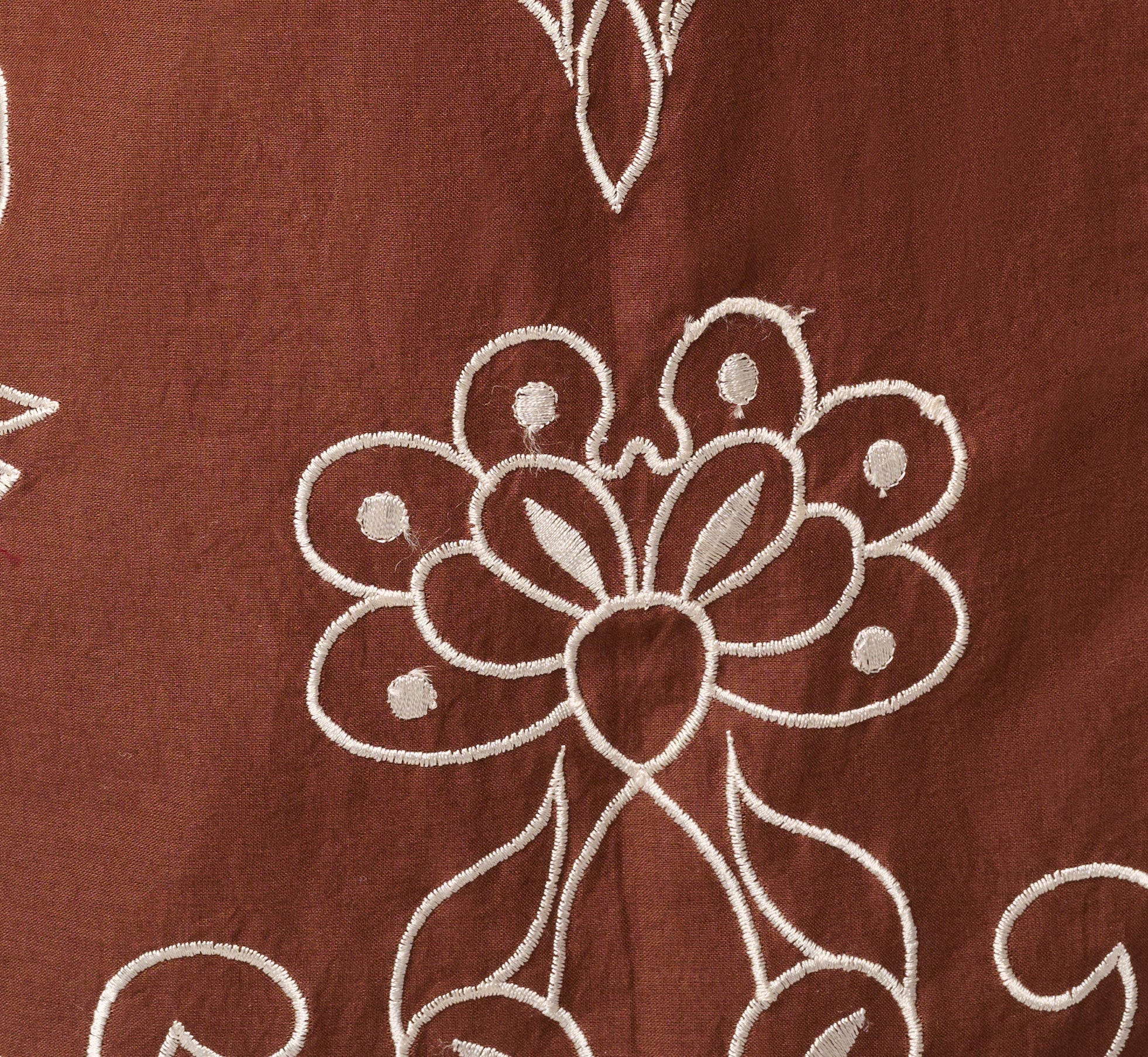 Long Sleeve Embroidered Cotton Mini Dress In Chocolate Ecru