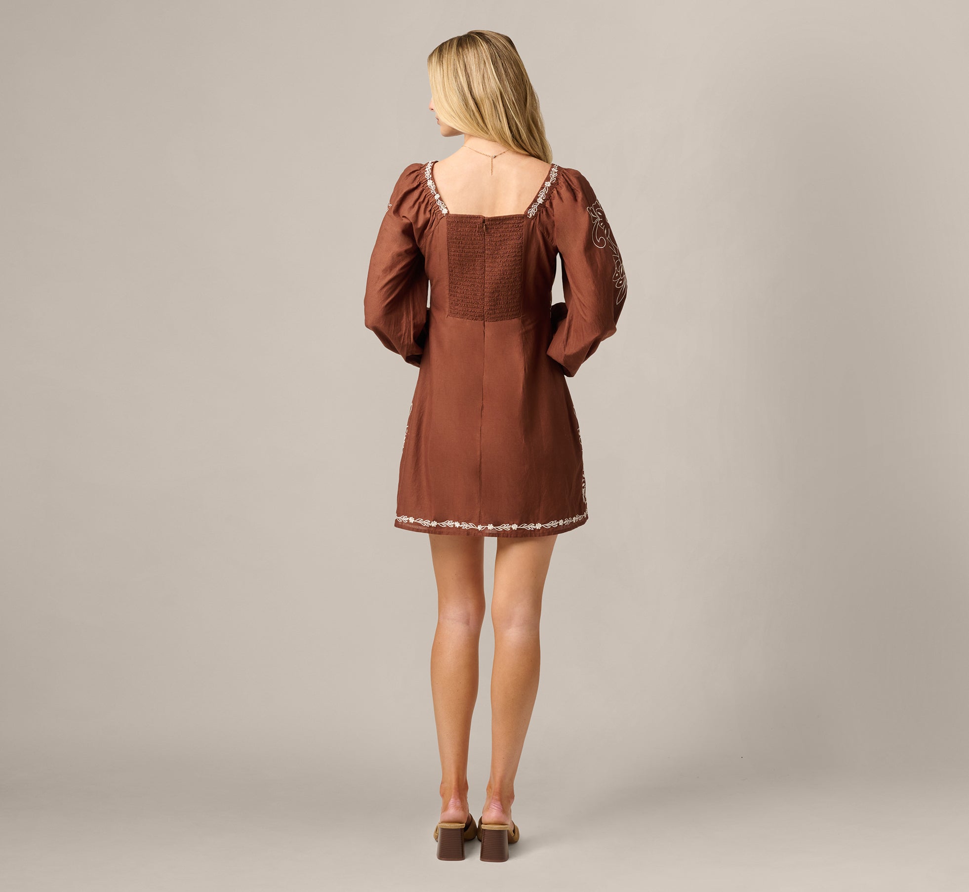 Long Sleeve Embroidered Cotton Mini Dress In Chocolate Ecru