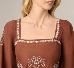 Long Sleeve Embroidered Cotton Mini Dress In Chocolate Ecru