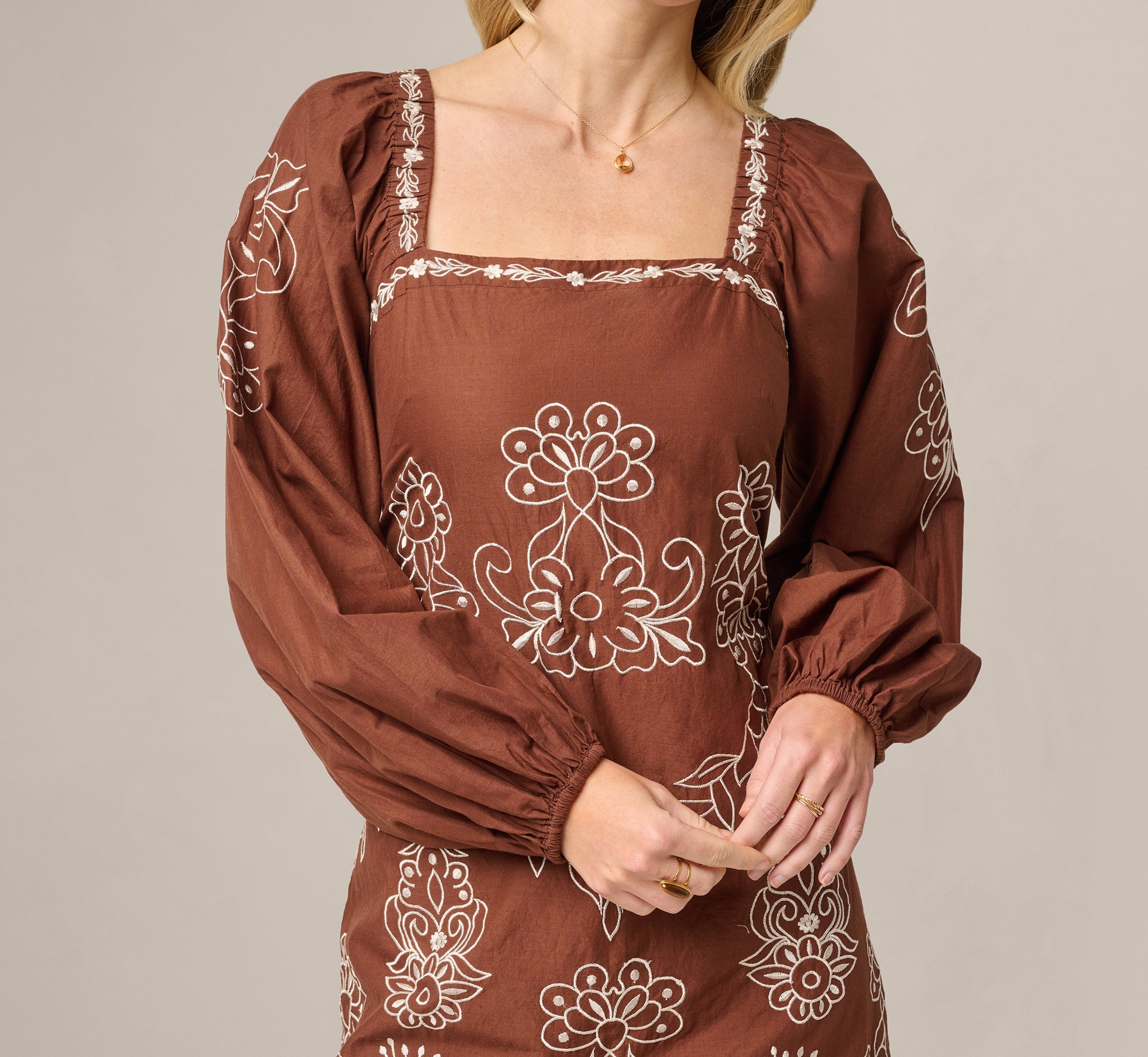Long Sleeve Embroidered Cotton Mini Dress In Chocolate Ecru