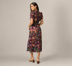 Puff Sleeve Floral Midi Flounce Dress In Burgundy Multi