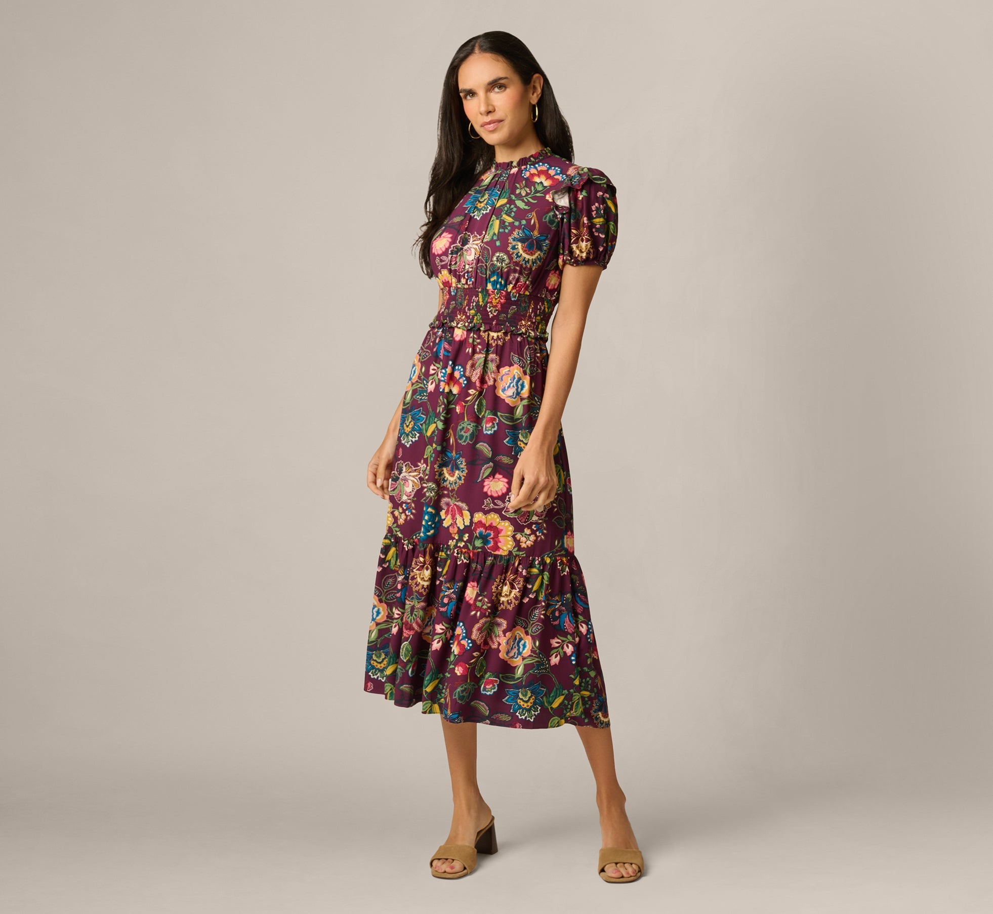 Puff Sleeve Floral Midi Flounce Dress In Burgundy Multi